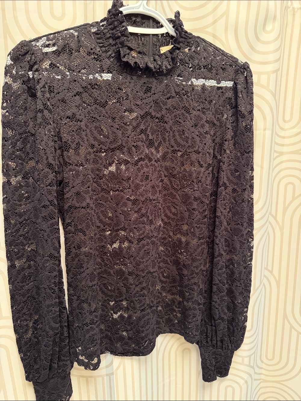 L'Agence sz M Black long sleeve lace top ruffle neck statement sleeves sheer
